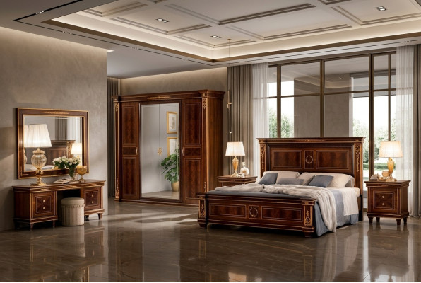 Schlafzimmer Set Bett Nachttisch Kommode Spiegel Hocker Neu 7tlg. Barock