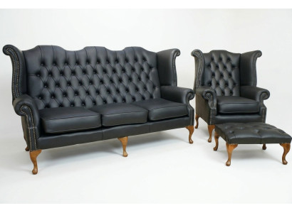 Schwarze Chesterfield Ledersofa Couch Polster Garnitur 3+1 Sitzer Ohrensessel