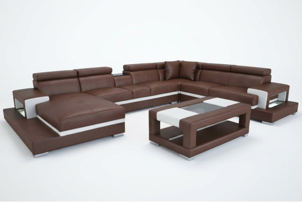 Design Leder Polster Sitz Zimmer Wohn Sofa Eck Couch Designer Garnitur +Tisch