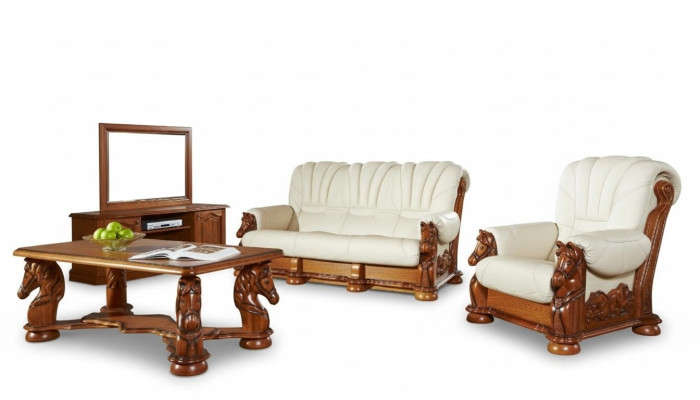 Klassische Sofagarnitur Couch Polster Sitz Garnitur Sofa Leder Holz 3+2+1 Set