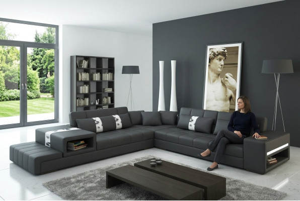 Ecksofa mit USB Couch Sofa Wohnlandschaft Sitz Eck Garnitur Leder Textil Peterso