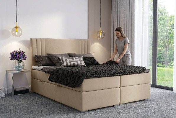 Boxspring Bett Hotel Doppel Beige Textil Luxus Betten Polster Kasten Funktion