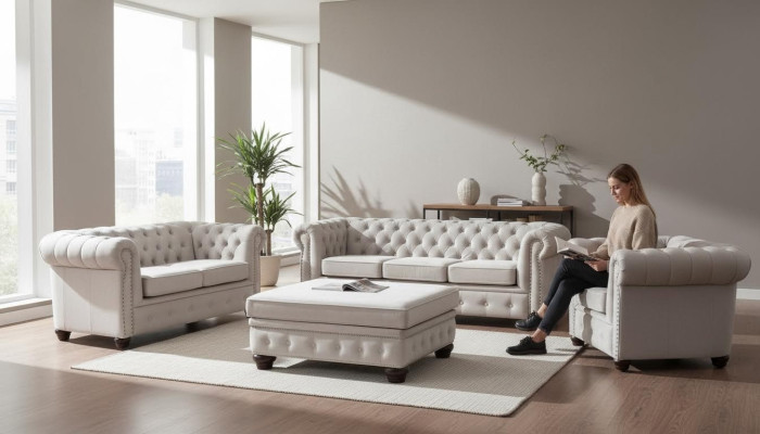 Chesterfield Sofagarnitur Couch Set 321+Hocker Sitz Polster Garnituren Textil