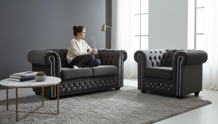 Chesterfield Textil Couch Polster 2Sitzer Stoff Sofas Couchen Zweisitzer Schwarz