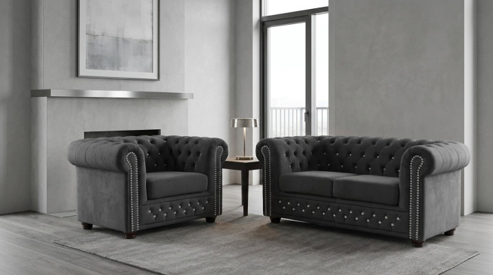 Chesterfield Textil Couch Polster 2Sitzer Stoff Sofas Couchen Zweisitzer Schwarz