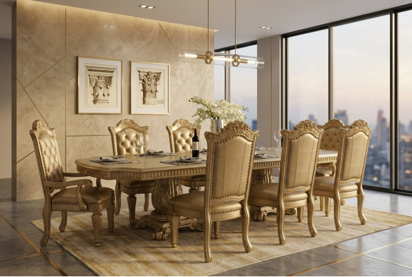 Komplette Beige Esszimmerambiente Designer Esstisch mit Stühlen