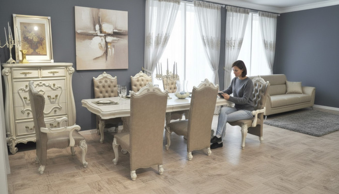 Altweiße Esszimmer Garnitur Großer Esstisch mit Leder Chesterfield Stühlen