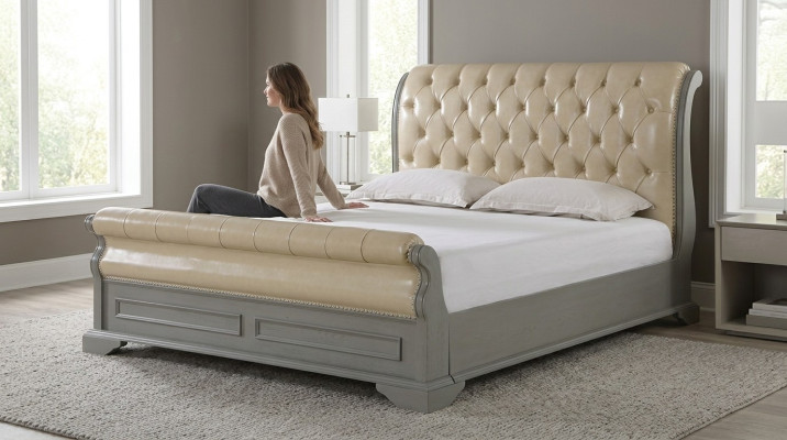 Chesterfield Design Bett Grau 180x200 Doppelbett Betten Polster Lederbett Möbel