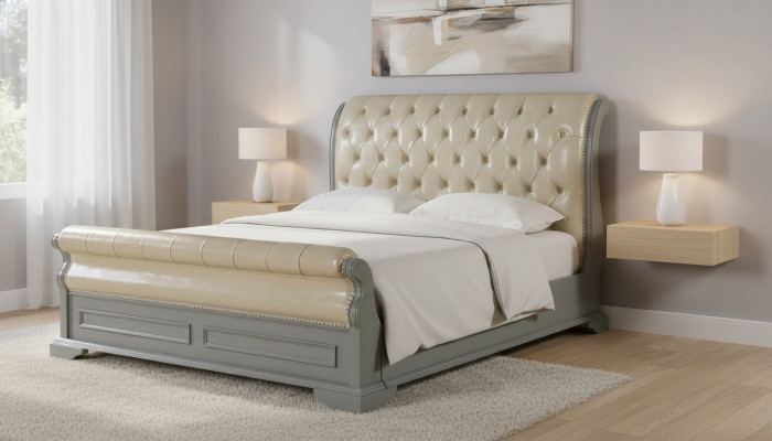 Chesterfield Design Bett Grau 180x200 Doppelbett Betten Polster Lederbett Möbel