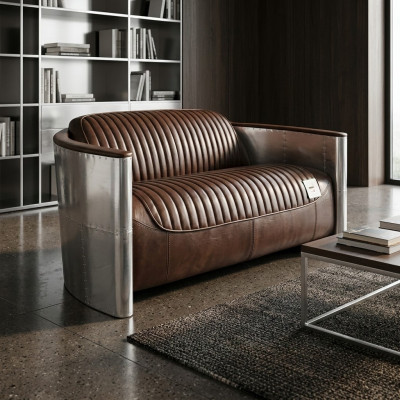 Echtleder Aluminium Sofa 2-Sitzer Vintage Leder Möbel Ledersofa Clubsofa Couch