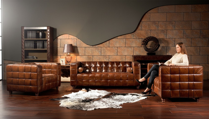Klassische Echtleder Couch Polster Sofagarnitur Sitz Garnituren Couchen 3tlg neu