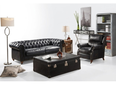 Chesterfield Sofa 3 Sitzer mit Sessel Schwarz Vintage Leder Möbel Stil 2tlg. Neu