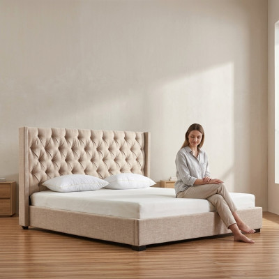 Beige Schlafzimmer Betten Polster Bett Chesterfield Textil Stoff Neu