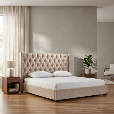 Beige Schlafzimmer Betten Polster Bett Chesterfield Textil Stoff Neu