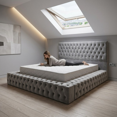 Chesterfield Big Bett Großer Kopfteil Betten Polster Hotel Samt Grau Stoff Ohren