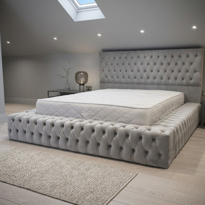 Chesterfield Big Bett Großer Kopfteil Betten Polster Hotel Samt Grau Stoff Ohren