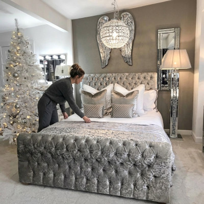 Chesterfield Bett Schlafzimmer Betten Textil 180x200cm Samt Big Hotel Grau Neu