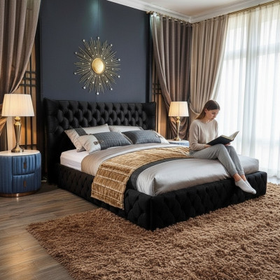 Chesterfield Schwarzes Bett Schlafzimmer Betten Textil Samt Big Hotel Betten
