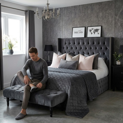 Großes Stoff Bett Chesterfield Design Gepolsterte Textil Designer Doppelbetten