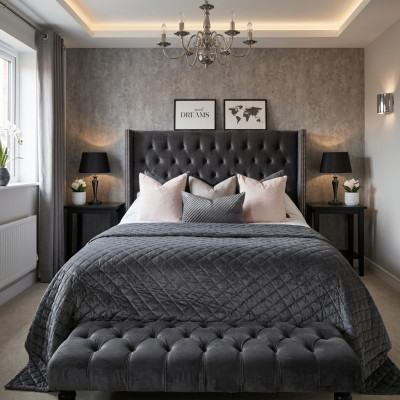 Großes Stoff Bett Chesterfield Design Gepolsterte Textil Designer Doppelbetten
