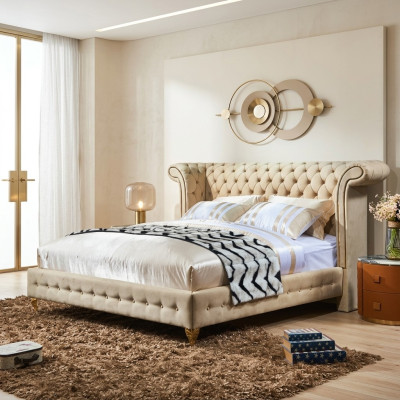 Klassisches Schlafzimmer Bett Beige Textil Leder Polster Doppelbett 180x200cm