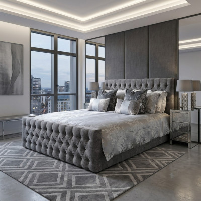 Graues stilvolles Chesterfield Doppelbett Designer Schlafzimmer Betten
