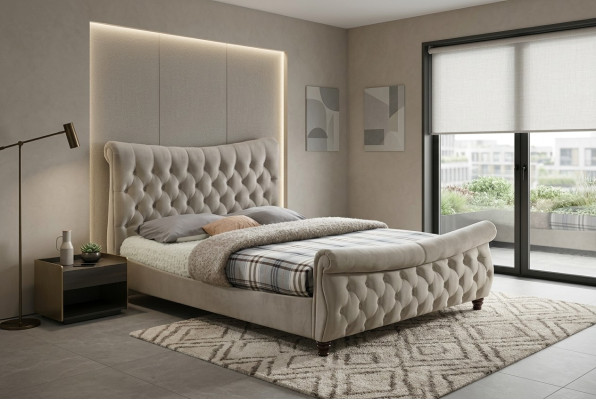 Chesterfield Textil Polster Bett Designer Betten Beige Hotel Doppel Schlafzimmer
