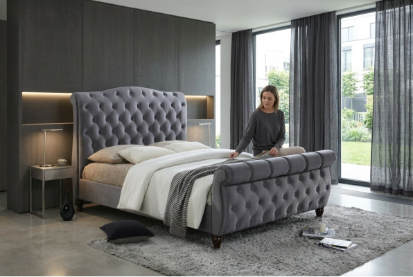 Klassisches Samt Textil Bett Doppel Betten Gepolsterte Hotel Schlazimmer 180x200