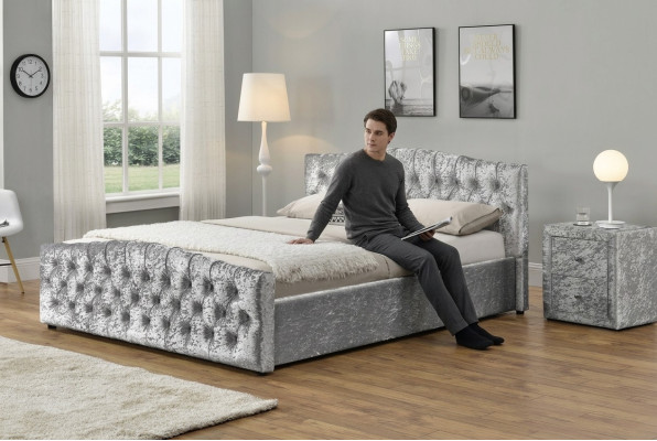 Modernes Graues Chesterfield Luxus Doppelbett Designer Schlafzimmer Betten