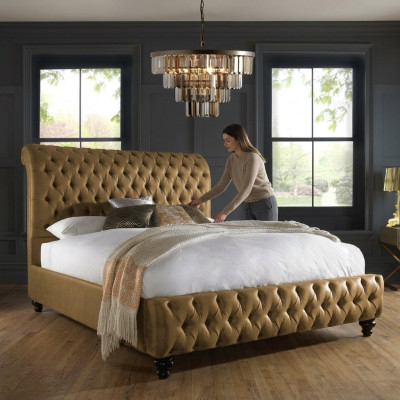 Gold Luxus Samt Textil England Bett Doppel Design Chesterfield 160x200cm Betten