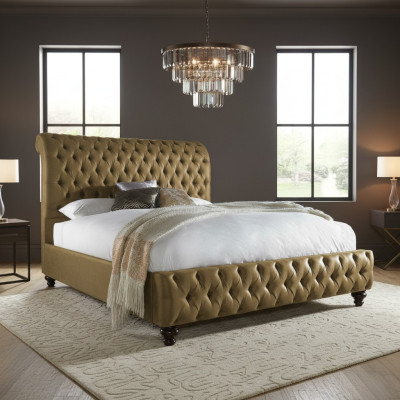 Gold Luxus Samt Textil England Bett Doppel Design Chesterfield 160x200cm Betten