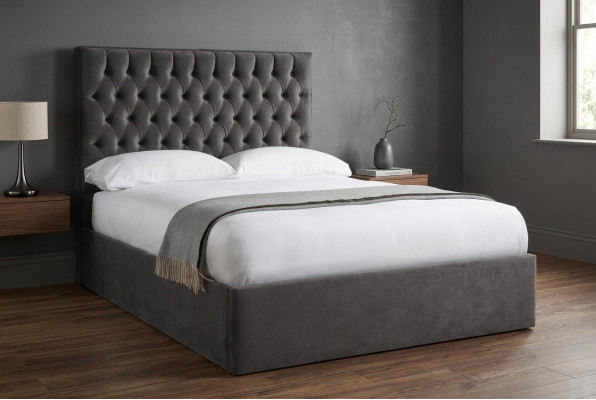 Chesterfield Grau Luxus Samt Textil Bett Doppel Design 180x200cm Betten Neu