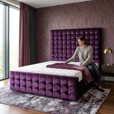 Lila Luxus Samt Textil Bett Doppel Betten Chesterfield mit Kristallsteinen Neu