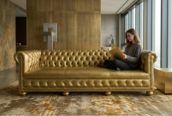 Chesterfield 3 Sitzer Sofa Couch Leder Garnitur Polster Sitz Stoff Gold Sitz Neu