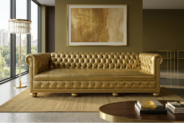 Chesterfield 3 Sitzer Sofa Couch Leder Garnitur Polster Sitz Stoff Gold Sitz Neu