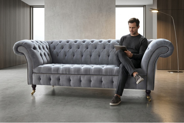 Stilvoller Grauer Chesterfield 3-Sitzer Luxus Wohnzimmer Sofa