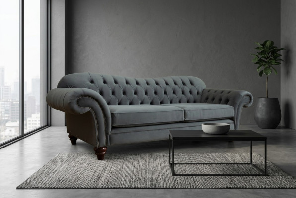 Big Sofa 4 Sitzer Couch Chesterfield Polster Sitz Garnitur Stoff Textil Neu Grau