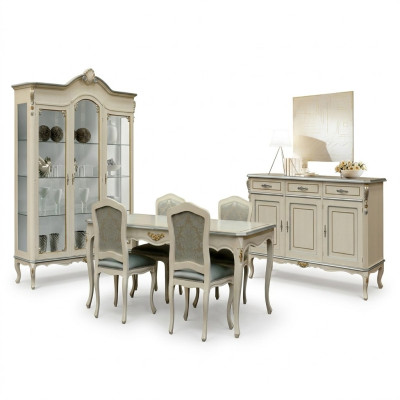 Luxus Esszimmer Set Garnitur 7tlg Weiß Holz Möbel Kommode 4x Stuhl Tisch Vitrine