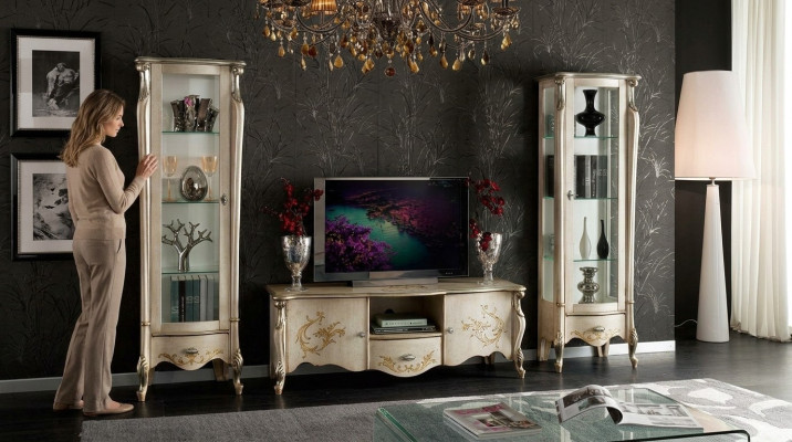 Schicke Set Garnitur 3tlg Rtv mit 2x Vitrine Italienische Möbel Klassische Stil