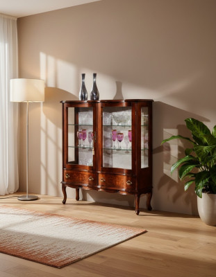 Designer Luxus Holz Vitrine Braun 2 Glas Türen 2 Schublade Italienische Möbel