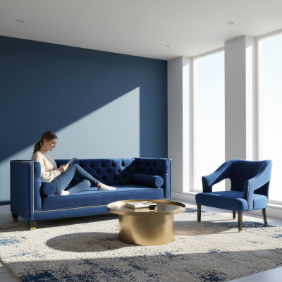 Luxus blaue Chesterfield Couchgarnitur  Sessel + Dreisitzer 3+1+1 Set