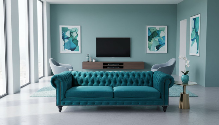 Chesterfield Dreisitzer Kreative Möbel Textil Stoff Blaugrün Wohnzimmer Modern