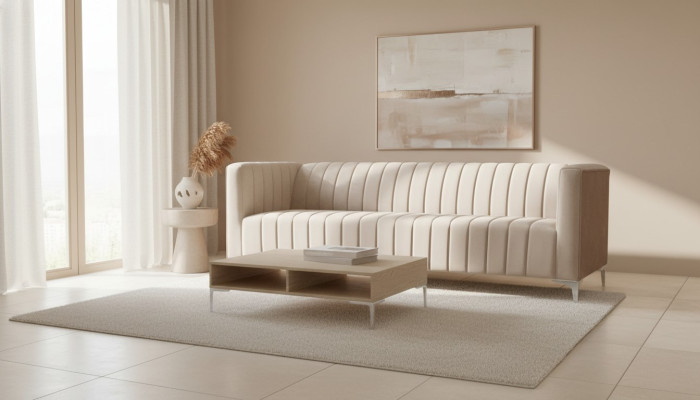 Beige Dreisitzer Stoff Wohnzimmer Design Couchen Polster Sofa Sofas Beige Samt