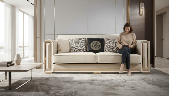 Chesterfield Sofa Beige Leder Luxus Wohnzimmer Design Couchen Polster