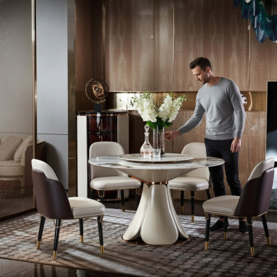 Esstisch 6x Stühle Esszimmer Leder Tisch Stuhl Rund Modern Design Möbel