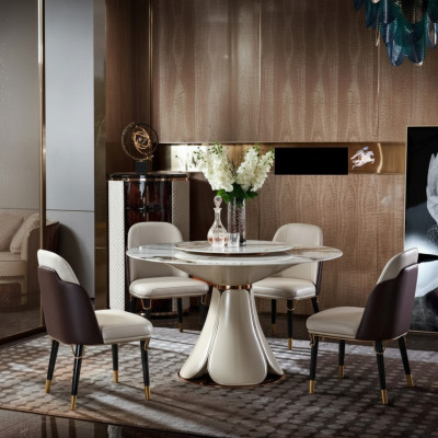 Esstisch 6x Stühle Esszimmer Leder Tisch Stuhl Rund Modern Design Möbel