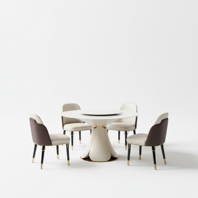 Esstisch 6x Stühle Esszimmer Leder Tisch Stuhl Rund Modern Design Möbel