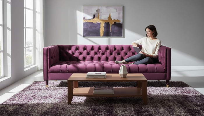 Burgund Dreisitzer Stoff Wohnzimmer Design Couchen Polster Sofa Chesterfield Neu