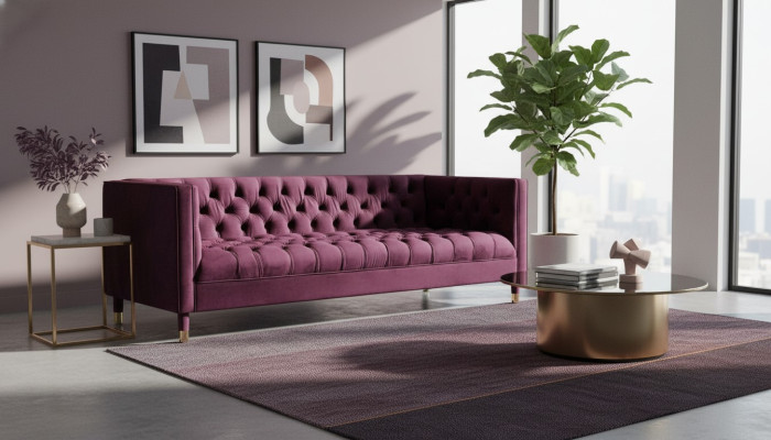 Burgund Dreisitzer Stoff Wohnzimmer Design Couchen Polster Sofa Chesterfield Neu