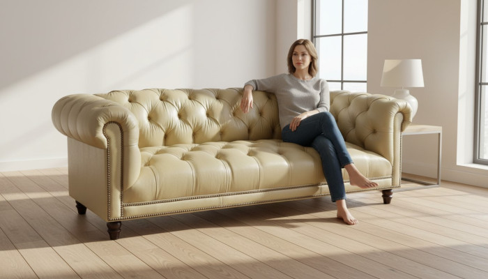 Beige Dreisitzer Leder Chesterfield Wohnzimmer Modern Design Couchen Sofa Neu